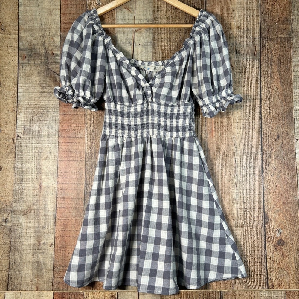 Her Entire Name Says Grace Gray White Gingham Smocked Milkmaid Mini Dress S Puff